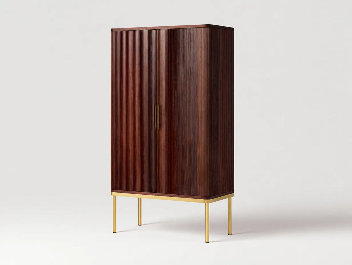 Credenza alta in legno 92×45×178 cm - marrone scuro e oro - stile scanalato