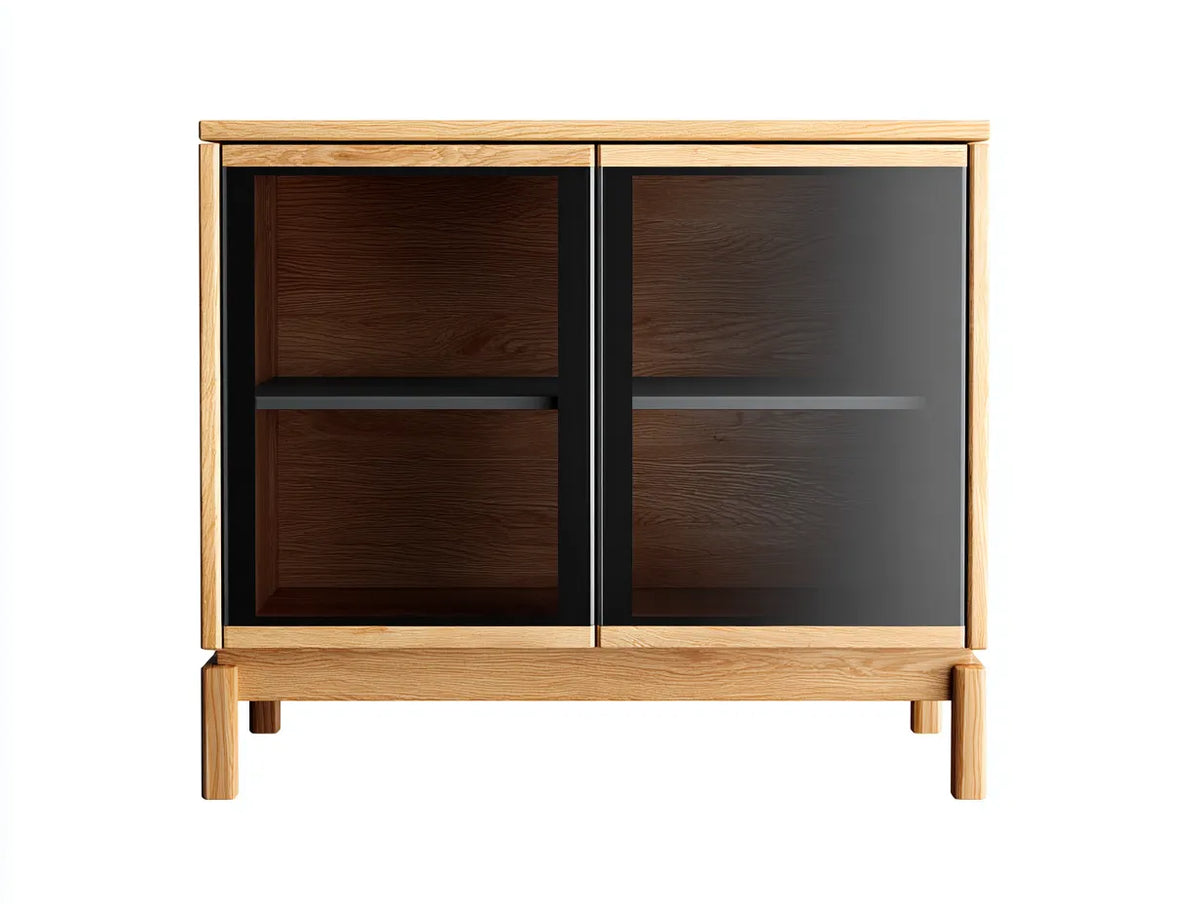 Credenza in legno e vetro 110×42×95 cm - naturale e nero - compatta per sala da pranzo