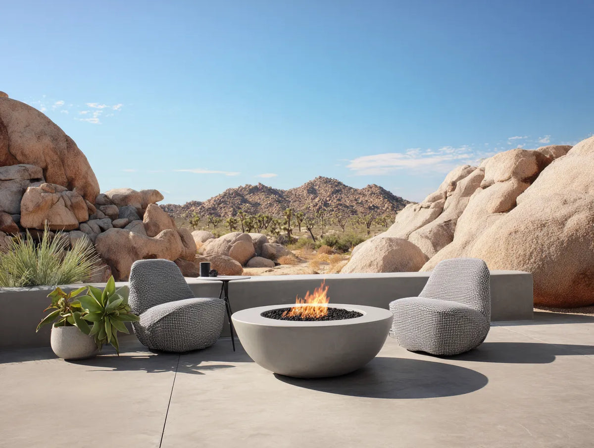 Stufa da terrazza in cemento beige 90×90×35 cm - beige - camino rotondo moderno da esterno
