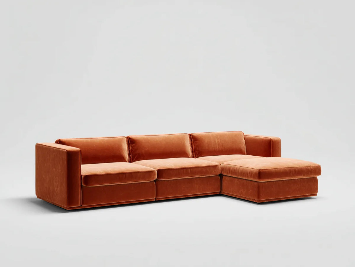 Divano angolare in tessuto 295×165×78 cm - arancione - con chaise longue per soggiorno